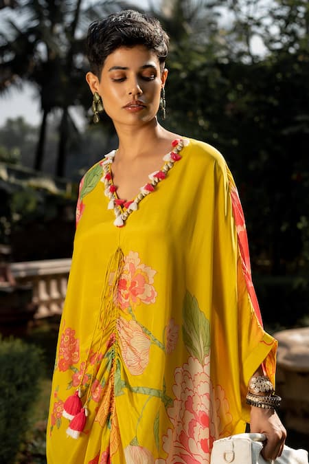 Paulmi And Harsh_Yellow V-neck Refreshing Floral Pattern Kaftan _at_Aza_Fashions