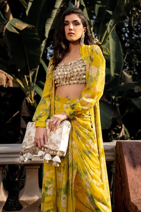 Shop_Paulmi And Harsh_Yellow Cotton, Silk, Crepe Garden Of Bloom Print Jacket And Dhoti Skirt Set _Online_at_Aza_Fashions