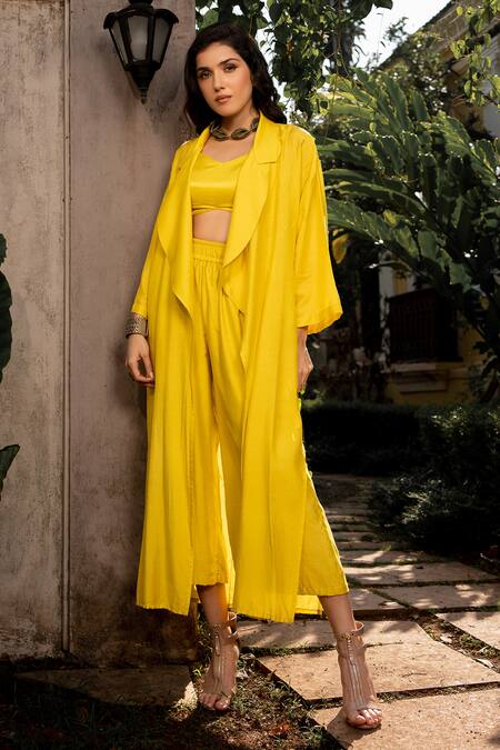 Shop Paulmi And Harsh Yellow Satin, Cotton, Silk Sweetheart Refreshing Notched Lapel Jacket And Pant Set Shop_Paulmi And Harsh_Yellow Satin, Cotton, Silk Sweetheart Refreshing Notched Lapel Jacket And Pant Set