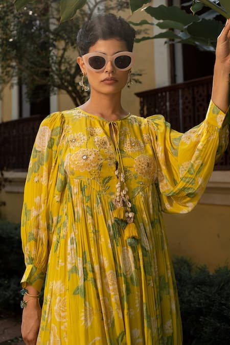 Buy_Paulmi And Harsh_Yellow Crepe Sequins, Mirrors Round Neck Garden Of Bloom Print Dress _Online_at_Aza_Fashions
