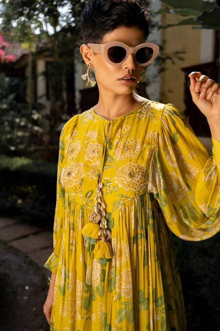 Shop_Paulmi And Harsh_Yellow Crepe Sequins, Mirrors Round Neck Garden Of Bloom Print Dress _Online_at_Aza_Fashions