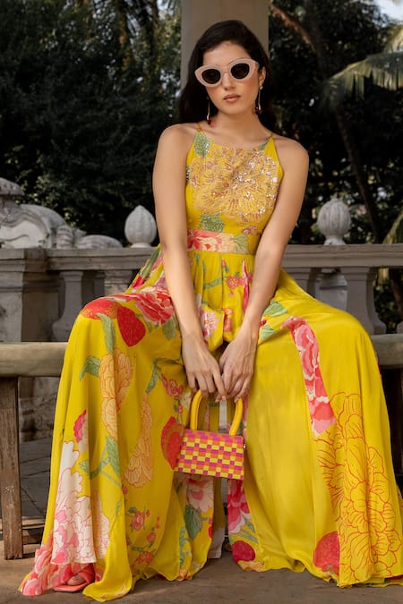 Paulmi And Harsh_Yellow Crepe Sequins, Mirrors Round Neck Refreshing Floral Print Jumpsuit _Online_at_Aza_Fashions