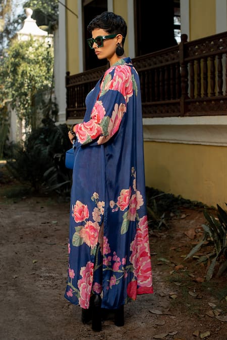 Buy_Paulmi And Harsh_Blue Crepe Embroidery Sweetheart Neck, Blooming Floral Print Jacket And Pant Set _Online_at_Aza_Fashions