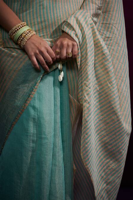 Buy_Dressfolk_Blue Handloom Tissue Stripes Pattern Saree With Running Blouse_Online_at_Aza_Fashions