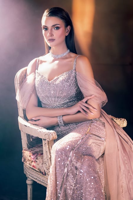 Buy_Bhawna Rao_Pink Silk, Tulle Sequins, Smocking Swarovski Hand Embroidered Gown With Skirt _Online_at_Aza_Fashions
