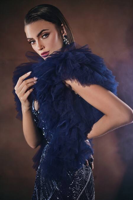 Bhawna Rao_Blue Silk, Tulle Beads, Crystals Plunge Neck Hand Embroidered Gown _Online_at_Aza_Fashions