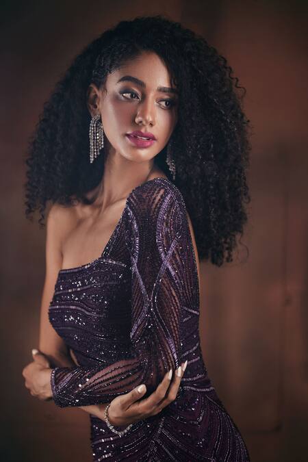 Bhawna Rao_Purple Silk, Tulle Beads, Sequins, Crystals One Shoulder Hand Embroidered Gown _Online_at_Aza_Fashions