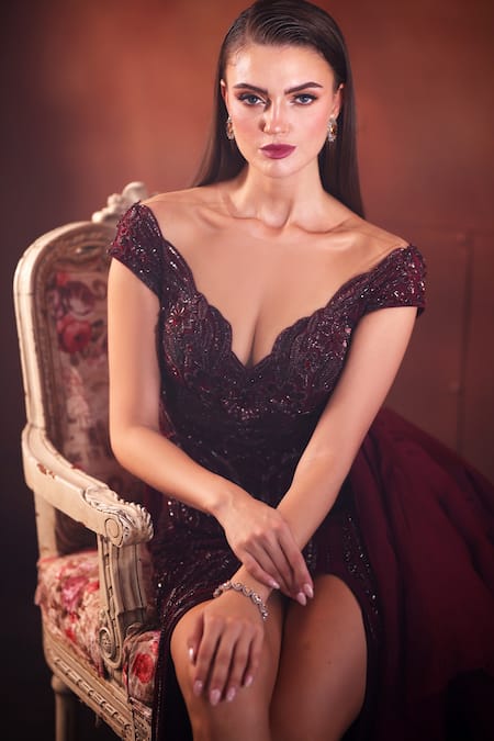 Bhawna Rao_Red Silk, Tulle Cut Work V-neck Burgundy Hand Embroidered Gown And Skirt _Online_at_Aza_Fashions