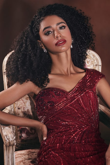 Bhawna Rao_Red Silk, Tulle Beads, Crystals Asymmetric Hand Embroidered One Shoulder Gown _Online_at_Aza_Fashions