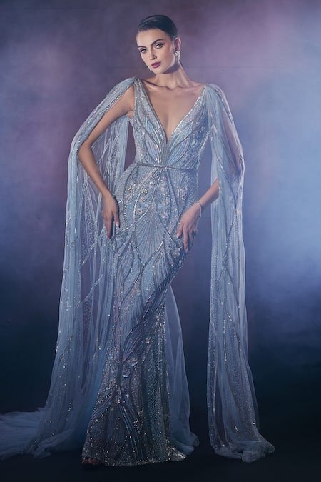 Shop_Bhawna Rao_Blue Silk, Tulle Crystals, Beads Plunge Neck Hand Embroidered Gown _Online_at_Aza_Fashions