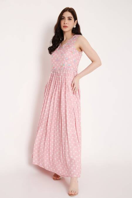 Shop Bha Sha Pink Muslin Beads, Sequins Scoop Neck Vama Bandhani Print Dress Online at Aza Fashions Shop_Bha Sha_Pink Muslin Beads, Sequins Scoop Neck Vama Bandhani Print Dress _Online_at_Aza_Fashions