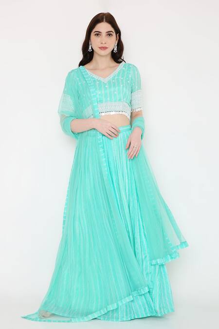 Bha Sha Blue Muslin, Net Sequins, Beads Boat Neck Vanika Bandhani Print Lehenga Set Online at Aza Fashions Bha Sha_Blue Muslin, Net Sequins, Beads Boat Neck Vanika Bandhani Print Lehenga Set _Online_at_Aza_Fashions