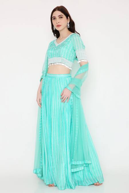 Buy Bha Sha Blue Muslin, Net Sequins, Beads Boat Neck Vanika Bandhani Print Lehenga Set Online at Aza Fashions Buy_Bha Sha_Blue Muslin, Net Sequins, Beads Boat Neck Vanika Bandhani Print Lehenga Set _Online_at_Aza_Fashions