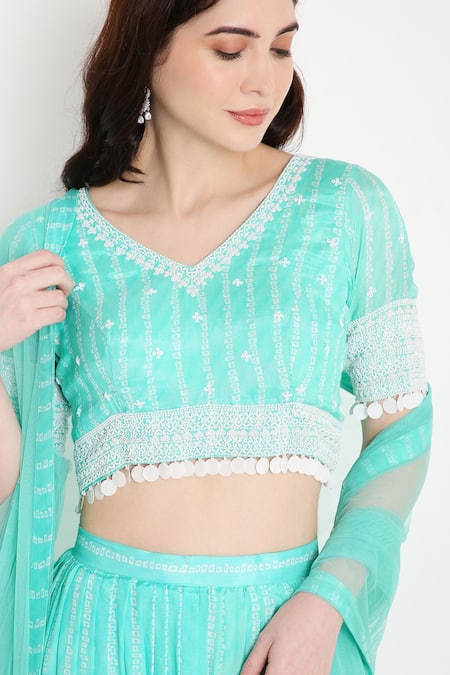 Shop Bha Sha Blue Muslin, Net Sequins, Beads Boat Neck Vanika Bandhani Print Lehenga Set Online at Aza Fashions Shop_Bha Sha_Blue Muslin, Net Sequins, Beads Boat Neck Vanika Bandhani Print Lehenga Set _Online_at_Aza_Fashions