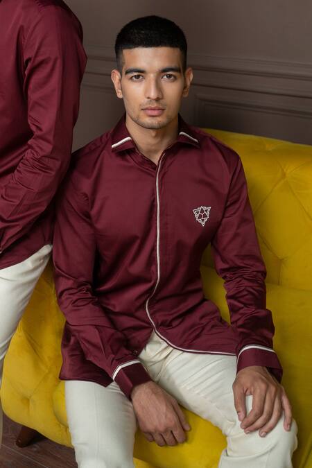 Varun Chakkilam_Maroon Cotton Piping Mahogany Punch Zenith Shirt _Online_at_Aza_Fashions