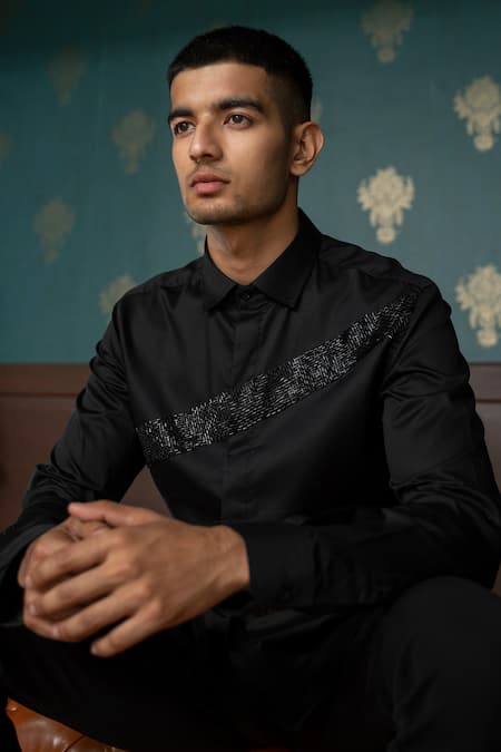 Varun Chakkilam_Black Cotton Glass Beads, Stones Streak Embroidered Shirt _Online_at_Aza_Fashions
