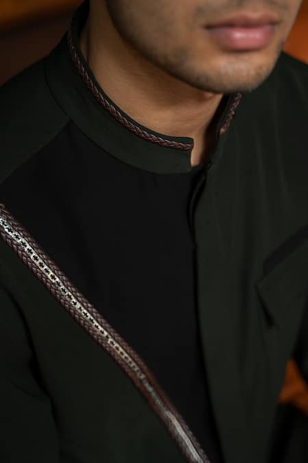 Varun Chakkilam_Green Cotton Leather Patch Militant Rank Shirt _Online_at_Aza_Fashions