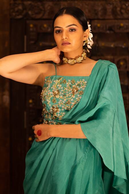 Vana Ethnics Green Crepe, Satin, Viscose Cutdana, Sharara Pant Saree With Embroidered Blouse Online at Aza Fashions Vana Ethnics_Green Crepe, Satin, Viscose Cutdana, Sharara Pant Saree With Embroidered Blouse _Online_at_Aza_Fashions