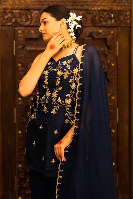 Vana Ethnics_Blue Organza, Georgette, Satin, Viscose Floral, Embellished Top Sharara Set _Online_at_Aza_Fashions
