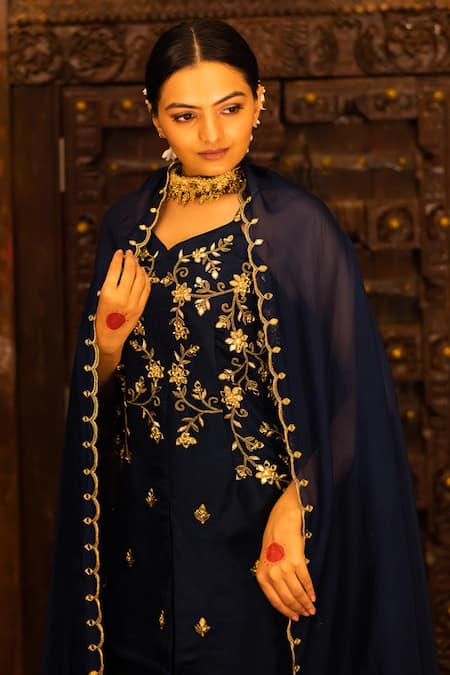 Buy_Vana Ethnics_Blue Organza, Georgette, Satin, Viscose Floral, Embellished Top Sharara Set _Online_at_Aza_Fashions