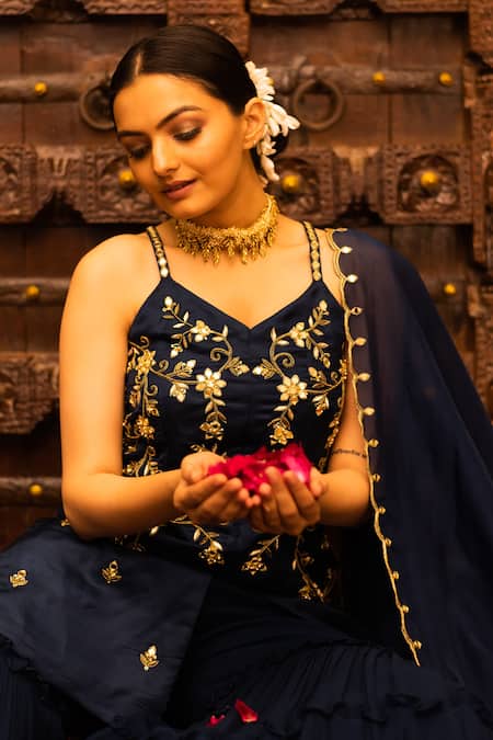 Vana Ethnics_Blue Organza, Georgette, Satin, Viscose Floral, Embellished Top Sharara Set _at_Aza_Fashions