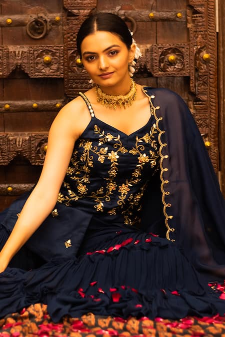 Buy_Vana Ethnics_Blue Organza, Georgette, Satin, Viscose Floral, Embellished Top Sharara Set 