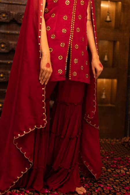 Vana Ethnics_Maroon Organza, Georgette, Satin, Viscose Floral, Embellished Top Sharara Set _Online_at_Aza_Fashions