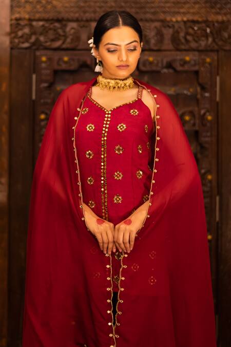 Shop_Vana Ethnics_Maroon Organza, Georgette, Satin, Viscose Floral, Embellished Top Sharara Set _Online_at_Aza_Fashions