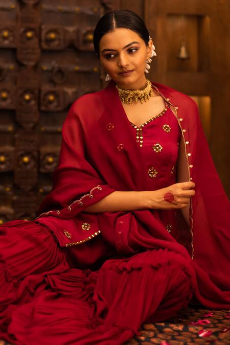 Vana Ethnics_Maroon Organza, Georgette, Satin, Viscose Floral, Embellished Top Sharara Set _at_Aza_Fashions
