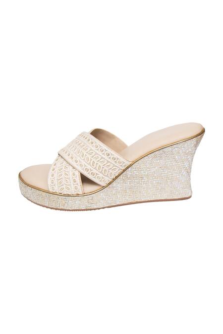 Kkarma Accessories_White Embroidery Vedika Criss Cross Platform Wedges _Online_at_Aza_Fashions