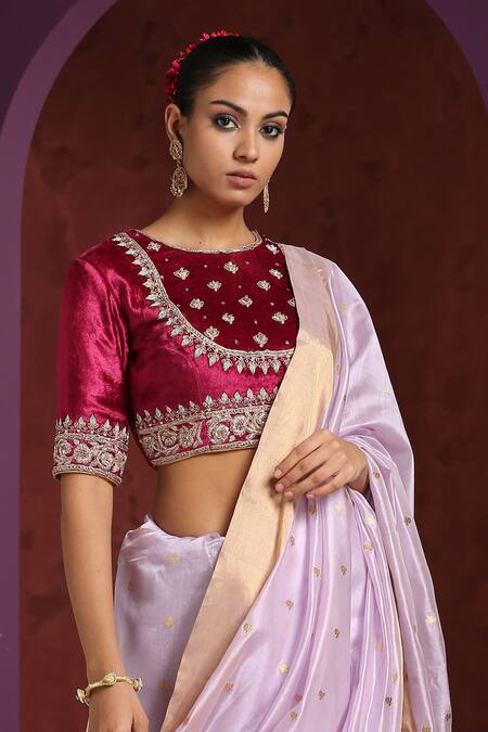 Weaver Story_Fuchsia Velvet Embroidery Round Neck Pure Zardozi Hand Blouse _Online_at_Aza_Fashions