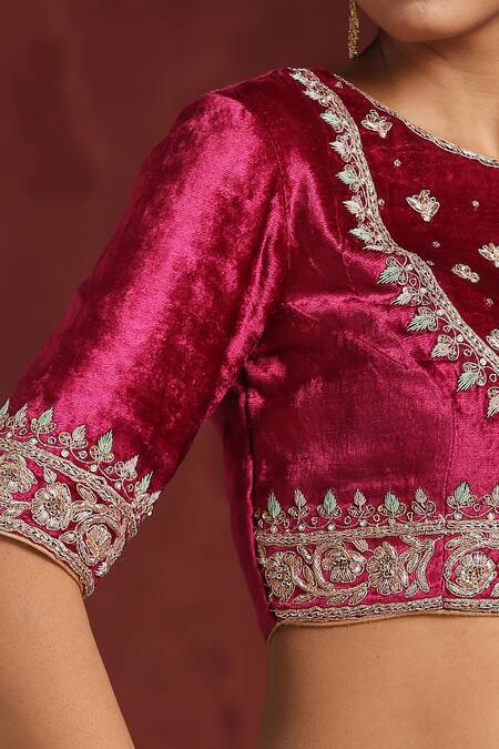 Buy_Weaver Story_Fuchsia Velvet Embroidery Round Neck Pure Zardozi Hand Blouse _Online_at_Aza_Fashions
