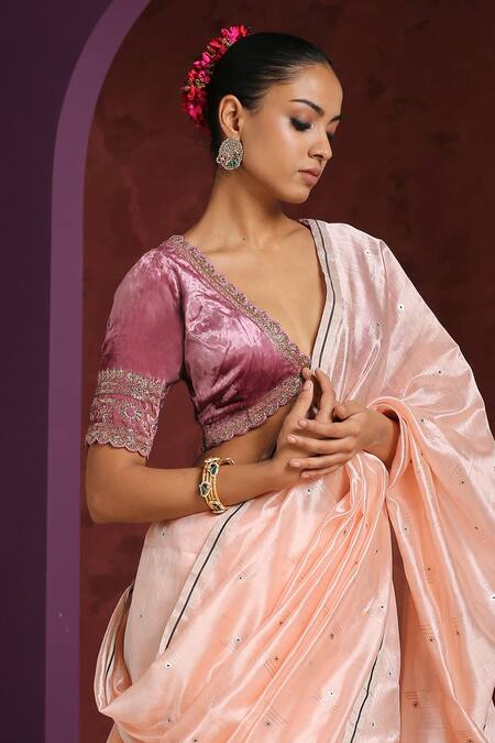 Weaver Story_Pink Velvet Embroidery Plunge Neck Scalloped Hand Blouse _Online_at_Aza_Fashions