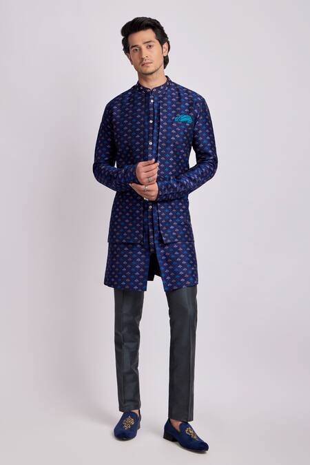 Shop Bubber Couture Blue Silk Viktor Liberty Print Kurta Set Online at Aza Fashions Shop_Bubber Couture_Blue Silk Viktor Liberty Print Kurta Set _Online_at_Aza_Fashions