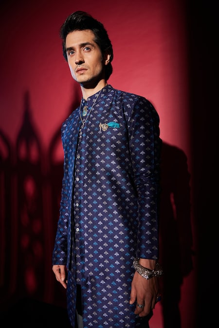 Bubber Couture Blue Silk Viktor Liberty Print Kurta Set Online at Aza Fashions Bubber Couture_Blue Silk Viktor Liberty Print Kurta Set _Online_at_Aza_Fashions