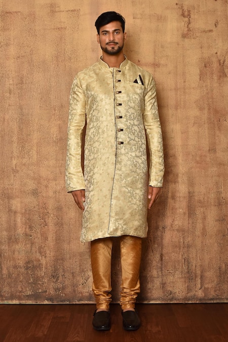 Buy_Aryavir Malhotra_Beige Sherwani Silk Satin Floral Pattern Set _Online_at_Aza_Fashions