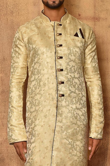 Shop_Aryavir Malhotra_Beige Sherwani Silk Satin Floral Pattern Set _Online_at_Aza_Fashions