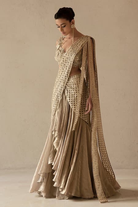 Shop_Varun Nidhika_Beige , Organza Embroidery Pre-stitched Saree With Floral Blouse _Online_at_Aza_Fashions