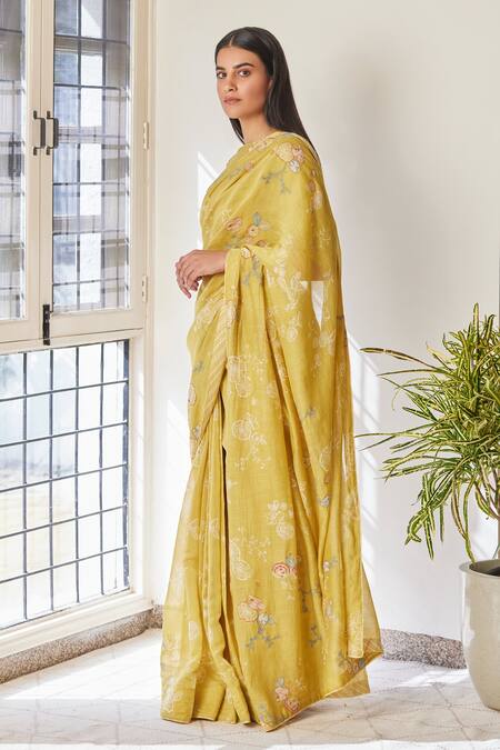 Buy_Vaayu_Yellow Cotton Embroidery Round Neck Floral Applique Saree_Online_at_Aza_Fashions