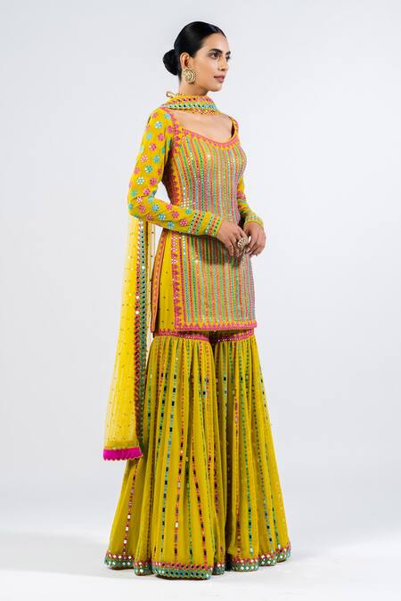 Buy Vvani By Vani Vats Green Georgette, Net Embroidery, Sequins, Mirrors Scoop Work Kurta Sharara Set Online at Aza Fashions Buy_Vvani By Vani Vats_Green Georgette, Net Embroidery, Sequins, Mirrors Scoop Work Kurta Sharara Set _Online_at_Aza_Fashions