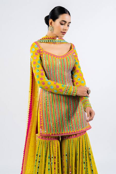 Shop Vvani By Vani Vats Green Georgette, Net Embroidery, Sequins, Mirrors Scoop Work Kurta Sharara Set Online at Aza Fashions Shop_Vvani By Vani Vats_Green Georgette, Net Embroidery, Sequins, Mirrors Scoop Work Kurta Sharara Set _Online_at_Aza_Fashions