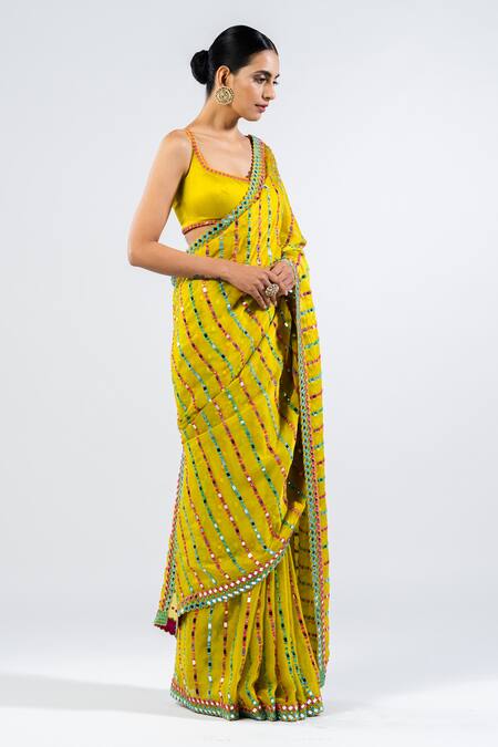 Vvani By Vani Vats_Green Satin Mirrors Round Neck Embellished Pre-draped Saree With Blouse _Online_at_Aza_Fashions