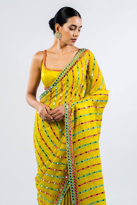 Shop_Vvani By Vani Vats_Green Satin Mirrors Round Neck Embellished Pre-draped Saree With Blouse _Online_at_Aza_Fashions