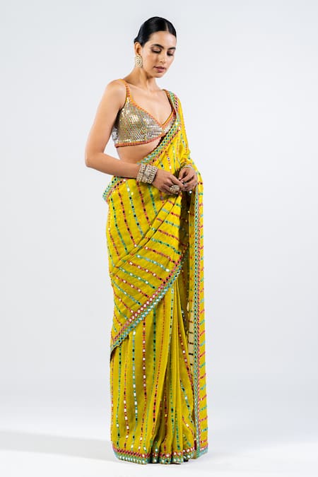 Buy_Vvani By Vani Vats_Green Georgette, Satin Mirrors, Work Pre-draped Saree With Metallic Blouse _Online_at_Aza_Fashions