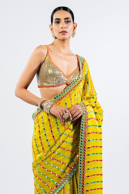 Shop_Vvani By Vani Vats_Green Georgette, Satin Mirrors, Work Pre-draped Saree With Metallic Blouse _Online_at_Aza_Fashions