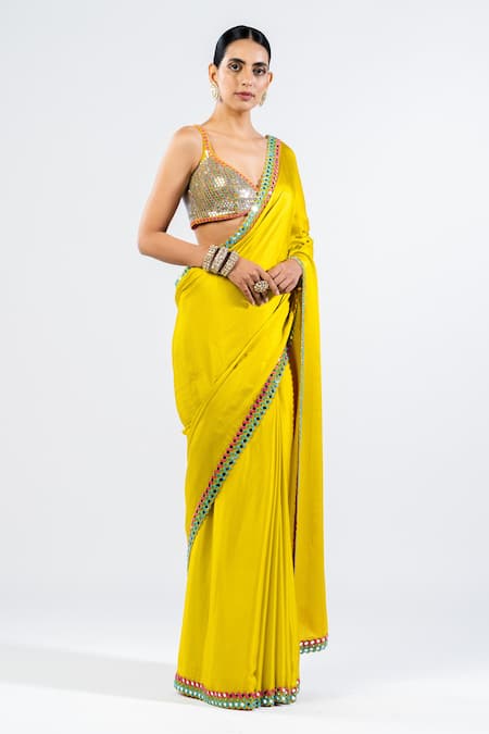 Vvani By Vani Vats_Green Satin, Chiffon, Georgette Mirrors, Sequins Embellished Saree With Blouse _Online_at_Aza_Fashions
