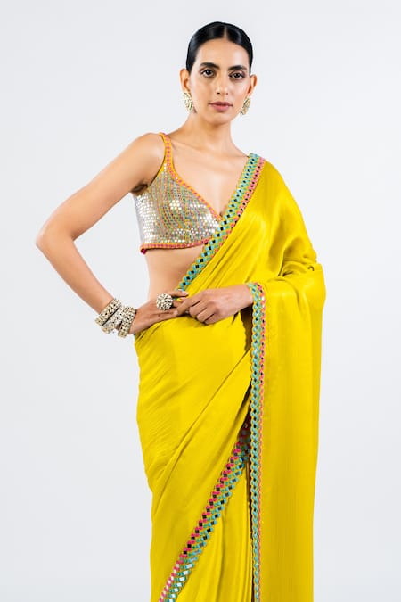 Buy_Vvani By Vani Vats_Green Satin, Chiffon, Georgette Mirrors, Sequins Embellished Saree With Blouse _Online_at_Aza_Fashions