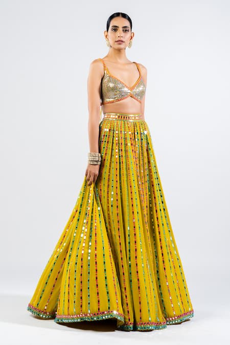 Vvani By Vani Vats Green Georgette, Satin, Organza Mirrors V-neck Linear Pattern Lehenga Set Online at Aza Fashions Vvani By Vani Vats_Green Georgette, Satin, Organza Mirrors V-neck Linear Pattern Lehenga Set _Online_at_Aza_Fashions