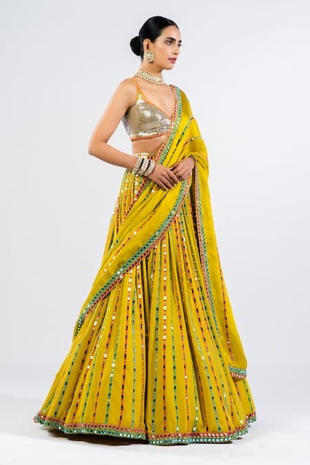 Buy Vvani By Vani Vats Green Georgette, Satin, Organza Mirrors V-neck Linear Pattern Lehenga Set Online at Aza Fashions Buy_Vvani By Vani Vats_Green Georgette, Satin, Organza Mirrors V-neck Linear Pattern Lehenga Set _Online_at_Aza_Fashions