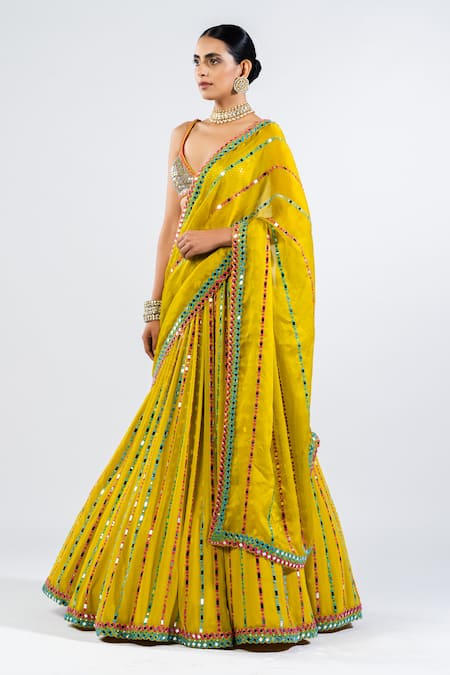 Shop Vvani By Vani Vats Green Georgette, Satin, Organza Mirrors V-neck Linear Pattern Lehenga Set Online at Aza Fashions Shop_Vvani By Vani Vats_Green Georgette, Satin, Organza Mirrors V-neck Linear Pattern Lehenga Set _Online_at_Aza_Fashions